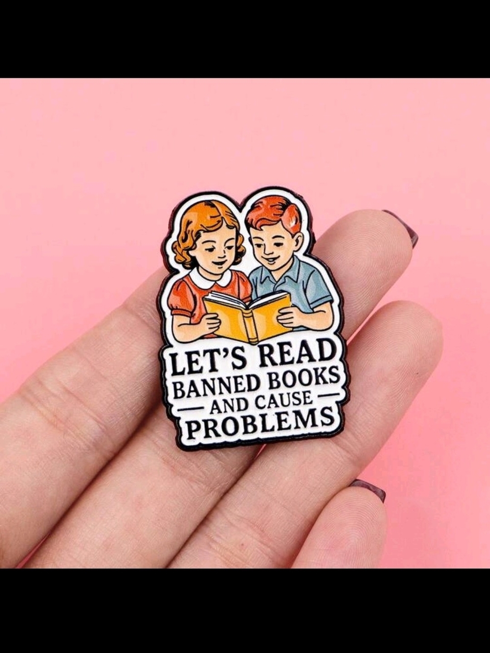 Pink Reading Enamel Pin – Let's Read Banned Books